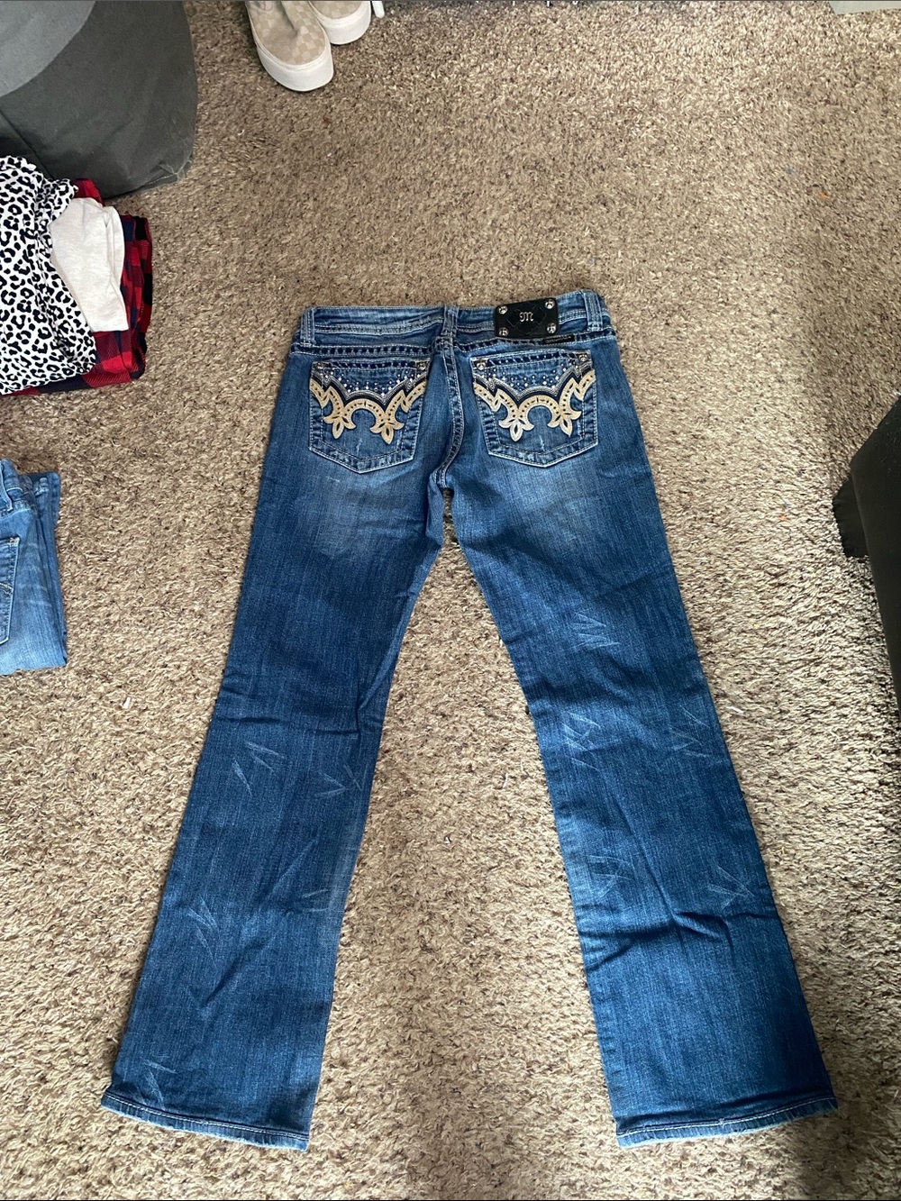 Miss Me Blue Flared Jeans with Beige Embroidered Back Pockets
